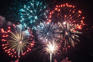 Exploding Fireworks Display at Night with Vibrant Colors in the Dark Sky