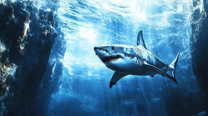 Great White Shark Swimming Gracefully in Clear Blue Ocean Waters Surrounded by Sunlight Rays