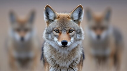 Fototapeta premium Three Coyotes in a Row. Focused on the central coyote, with blurred background of others