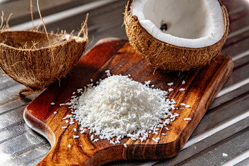 A split coconut lies on a wooden kitchen board, its fresh flesh sparkling in the light, and a coconut mug stands nearby as if inviting you to enjoy the tropical mood.