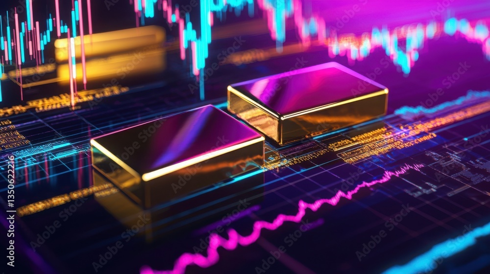 Poster gold bars displayed on a futuristic digital background representing advanced trading and investment 