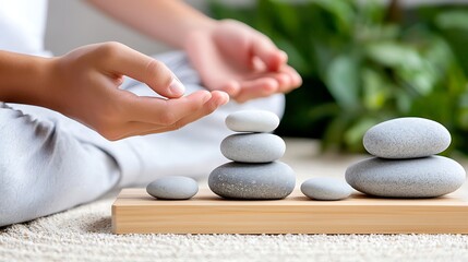 Child Meditates, Stones Balanced, Home