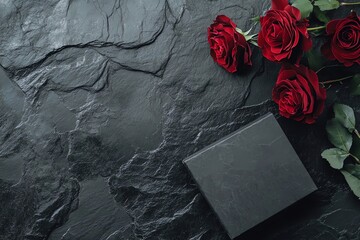 Red Roses and Dark Gift Box on Textured Stone Background