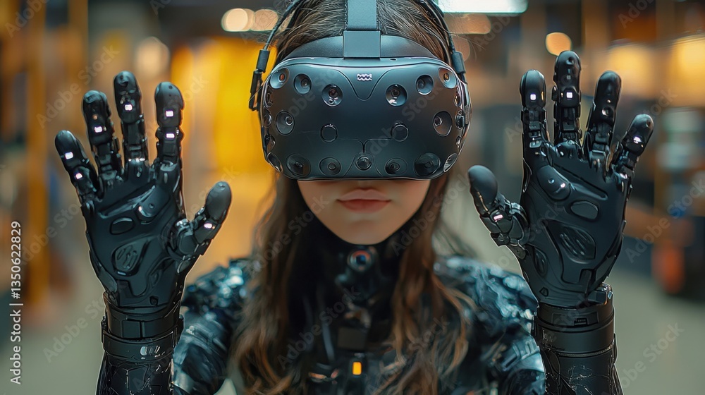 Poster woman immersed in virtual reality experience with haptic feedback technology enhancing learning and 