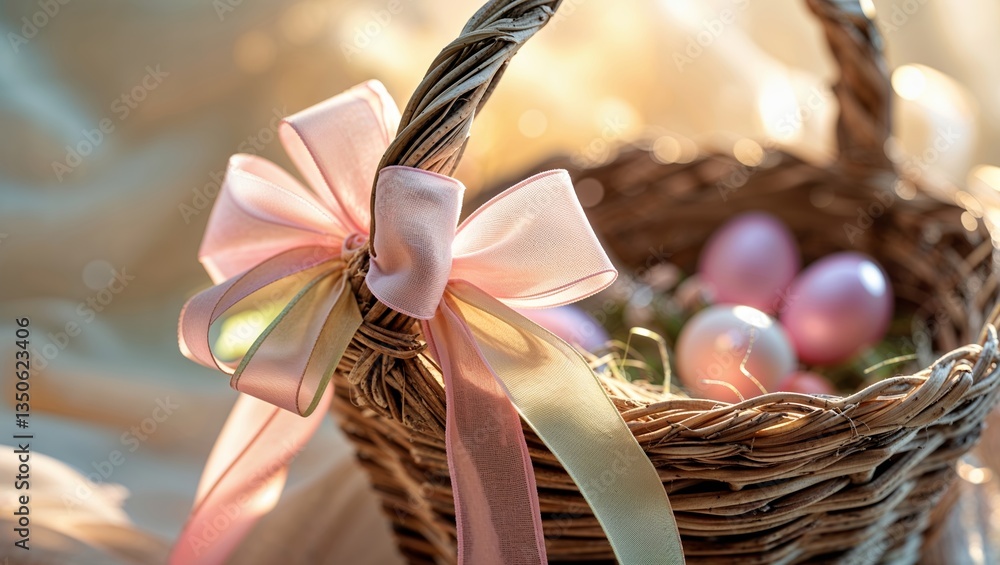 Poster festive easter basket filled with colorful eggs and adorned with a delicate bow on a soft backdrop