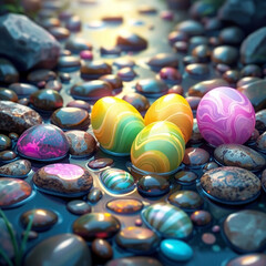 Vibrant marbled Easter eggs rest on colorful stones in clear water, blending festive charm, nature’s beauty, and artistic elegance in a serene outdoor setting