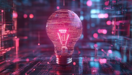 Abstract representation of a glowing light bulb in a digital environment composed of binary code and neon lights, symbolizing innovation and creativity in technology
