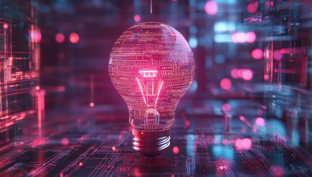 Abstract representation of a glowing light bulb in a digital environment composed of binary code and neon lights, symbolizing innovation and creativity in technology - Powered by Adobe