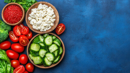 Fresh Vegetables and Ingredients for Healthy Salad Preparation on Vibrant Blue Background
