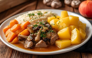 Delicious Beef Stew with Mushrooms, Potatoes, Carrots, and Rice