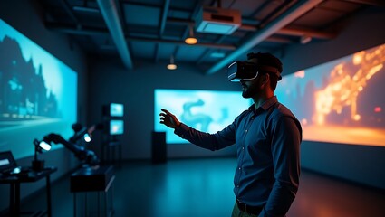 Fototapeta premium Futuristic Data Center: Blue LED Lights and Holographic Displays in a High-Tech Environment