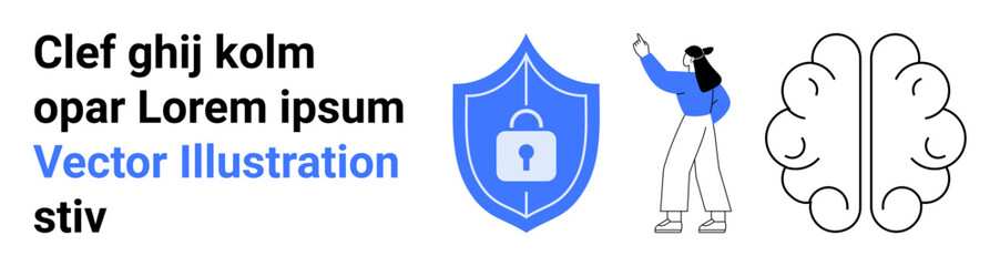 Blue shield with lock, human brain, and a woman gesturing. Ideal for cybersecurity, knowledge, innovation, artificial intelligence, thinking, decision-making simple landing page