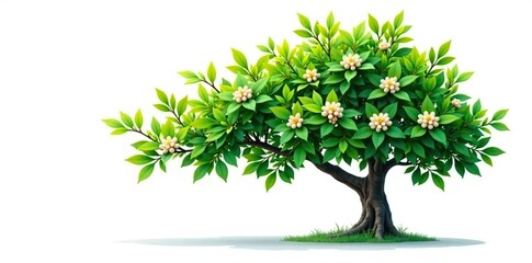 Single large tree branch with leaves and flowers on white background, green, tree branches, foliage