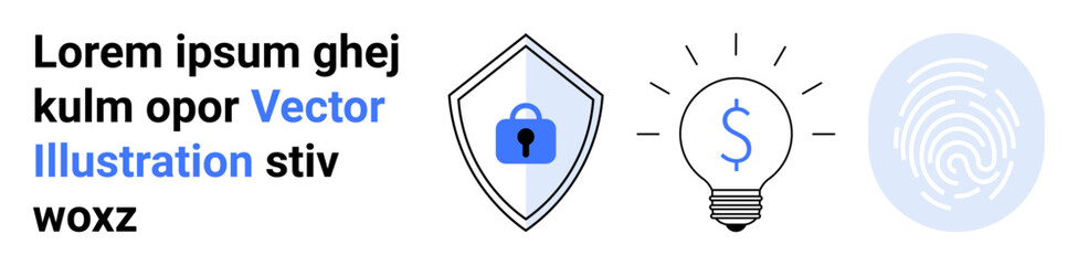 Shield featuring lock, light bulb with dollar sign and fingerprint highlight security, fintech, creative innovation. Ideal for financial services, cybersecurity, tech startups, data protection