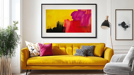 Abstract art above yellow sofa.
