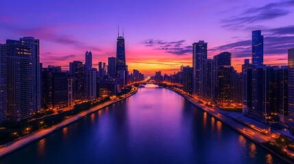 Obraz premium Sunrise over city skyline reflected in calm river
