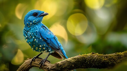 Obraz premium Spangled cotinga perched high the treetops dazzling iridescent blue plumage reflecting soft diffused jungle light cinematic ultra realistic sharpness