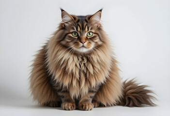 Beautiful maine coon cat portrait fluffy feline with green eyes on white background pet photography
