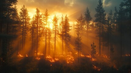 A forest fire burning with golden sunlight through trees