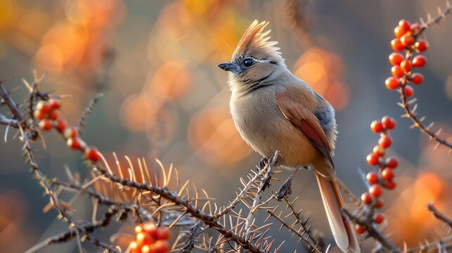 Speckled mousebird perched a thorny branch soft brown plumage blending with dry African landscape bright inquisitive eyes sharp crisp details