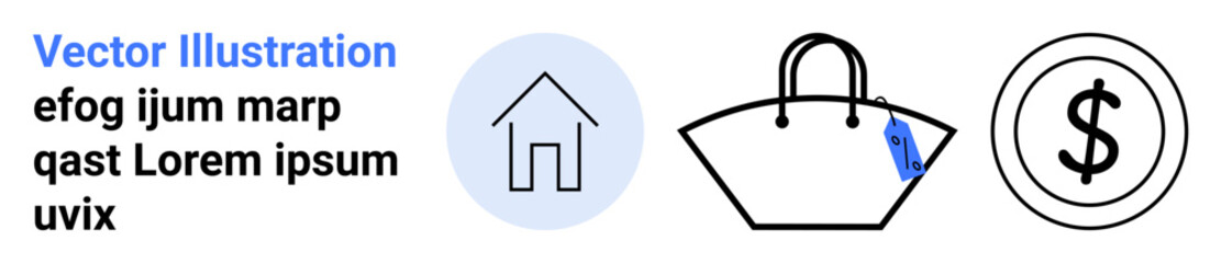 Minimal home icon, price-tagged handbag, and dollar sign conveying themes thumbs up finance, shopping, real estate, business, budget, e-commerce marketing. Ideal for flat landing page banners