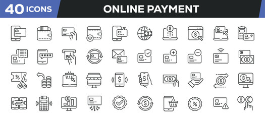 Online payment icons set. Web line icons collection related money, payment, bank, credit card, e-commerce. Editable stroke. Perfect pixel vector illustration isolated on white background.
