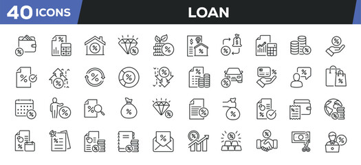 Loan icons set. Web line icons collection related credit, payment, bank, economy. Editable stroke. Perfect pixel vector illustration isolated on white background.