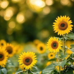 Obraz premium Vibrant sunflowers bloom under a golden sunlight in a lush garden.