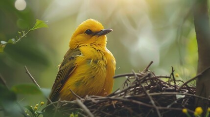 Naklejka premium Spectacled weaver building nest bright yellow feathers catching sunlight crisp intricate nest details blurred green forest background