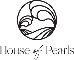 simple black silhouette line art luxury shell with ocean wave pearl logo design