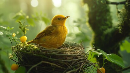 Spectacled weaver building nest bright yellow feathers catching sunlight crisp intricate nest details blurred green forest background