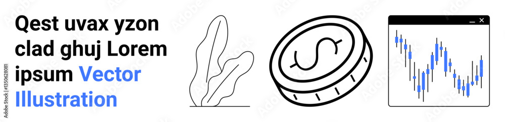 Poster coin with circular arrows, financial data chart in a web browser, abstract plant design. ideal for f