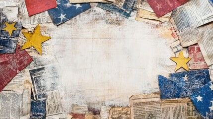 Vintage collage featuring faded papers and stars, evoking a historical theme with a rustic background