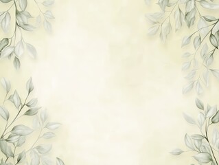 A soft, watercolor background in pale yellow and soft gray tones, with delicate green leaves lining the sides