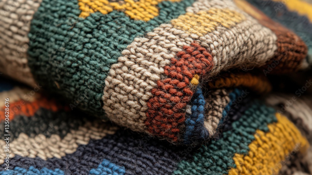 Poster close-up of folded multicolored woven textile with geometric pattern