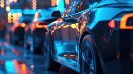 Sleek black cars lined up under vibrant blue and orange lights, showcasing modern design in an urban nighttime setting