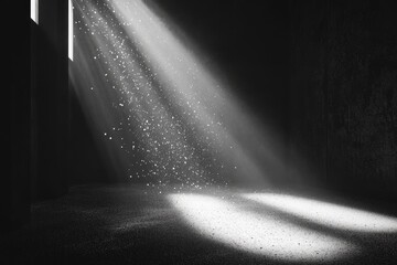 Two beams of light pierce the darkness, illuminating dust motes in a mysterious, atmospheric space.