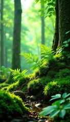 Fototapeta premium ferns and mosses intertwined with stems in white space, nature, forest