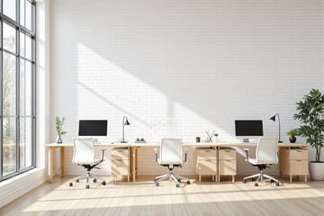 Fototapeta premium Modern minimalist office interior with wooden desks, white chairs, and natural light.