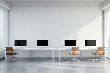 Modern minimalist office interior with white desks and brown chairs.