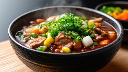 Hearty beef stew in a bowl, steaming hot with vegetables