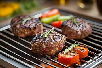 Juicy Grilled Beef Patties with Rosemary and Roasted Tomatoes