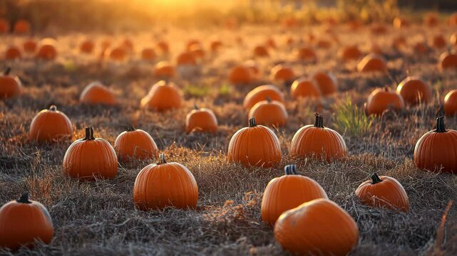 Autumn pumpkin patch glowing in sunset light with numerous ripe pumpkins scattered across the field