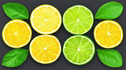 Fresh Citrus Slices and Leaves on Dark Surface Creating Vibrant and Colorful Arrangement