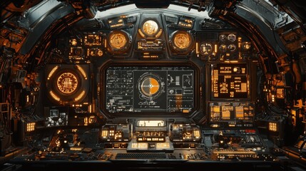 A futuristic control panel featuring various screens and illuminated buttons, resembling a spacecraft cockpit with an intricate design.