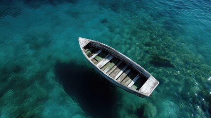 Obraz premium Tranquil wooden boat in crystal-clear turquoise water