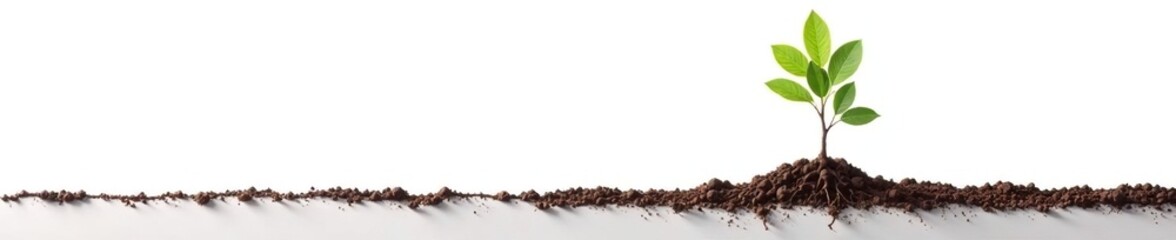 White background with an isolated branch and roots, trunk, soil, underground