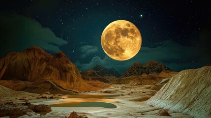 Remote Badlands with deep valleys and ridges glowing under the soft light of a bright full moon.