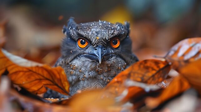 Sri Lanka frogmouth camouflaged dry leaves subtle brown and grey feather patterns blending into the forest piercing golden eyes ultra sharp focus