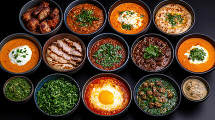 Vibrant Array of Traditional Dishes Served in Bowls with Fresh Ingredients and Rich Colors